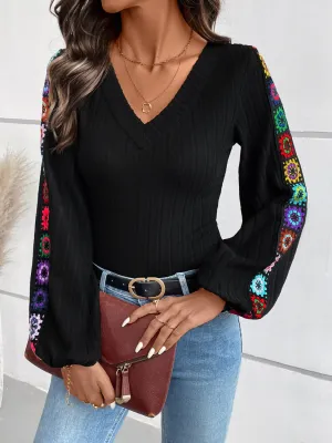 Dani V-Neck Crochet Long Sleeve Top