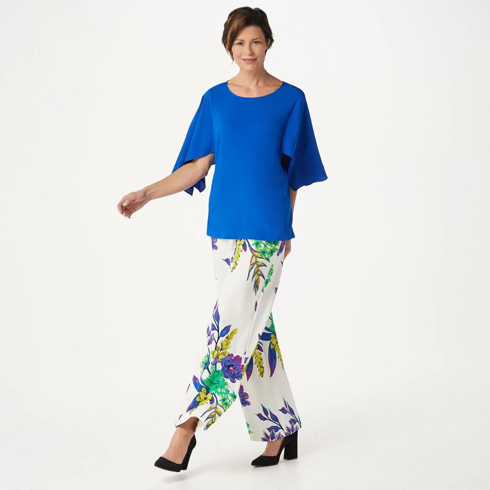 Dennis Basso Plus Petite Printed Luxe Crepe Pull On Wide Leg Pants