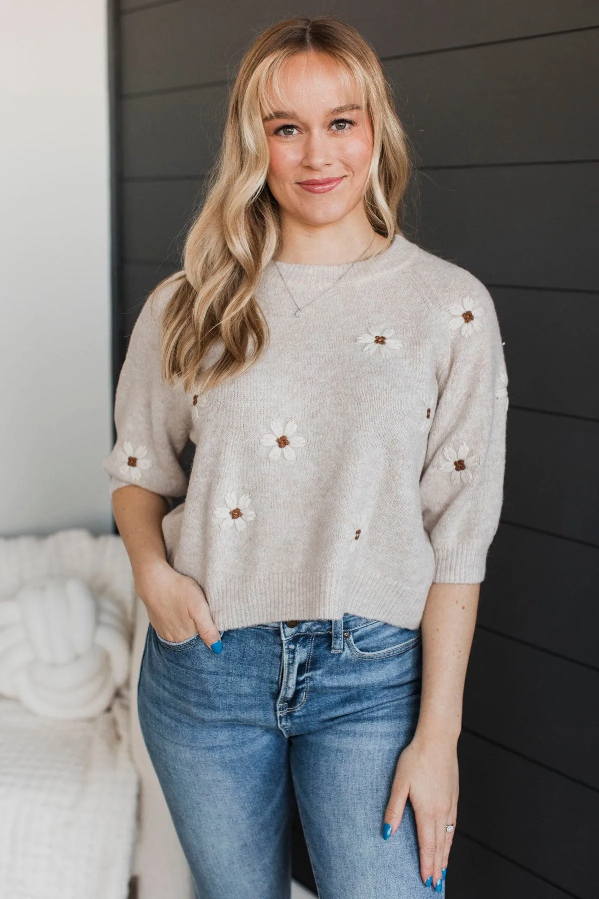 Easy Confidence Floral Sweater Top- Oatmeal