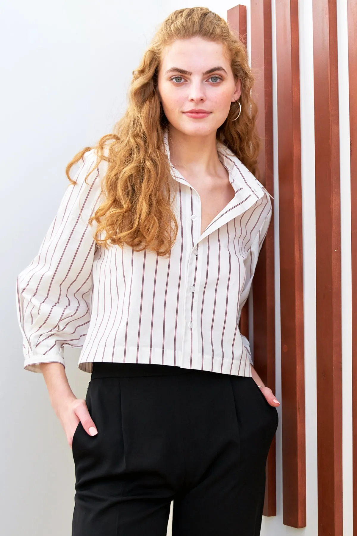 Emmy Poplin Cropped Shirt, Olive Pinstripe
