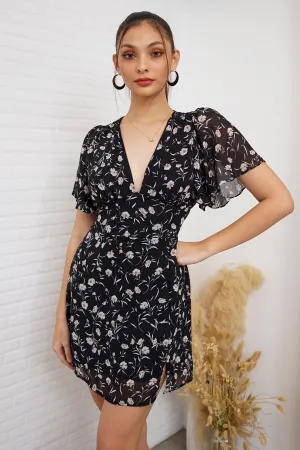 EVERLY Flutter-Sleeve Chiffon Dress (Black)