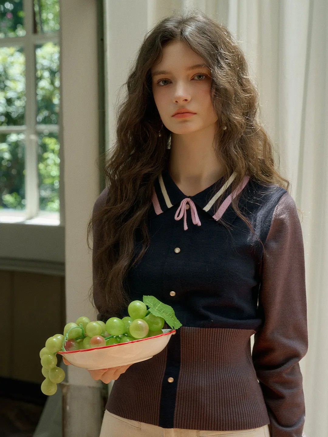 【Final Sale】Dahlia Clashing Colours Doll Neck Bowknot Pullover Sweater