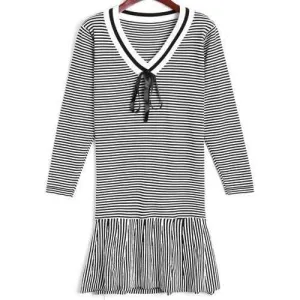 Flounce Striped Sweater Dress - White One Size