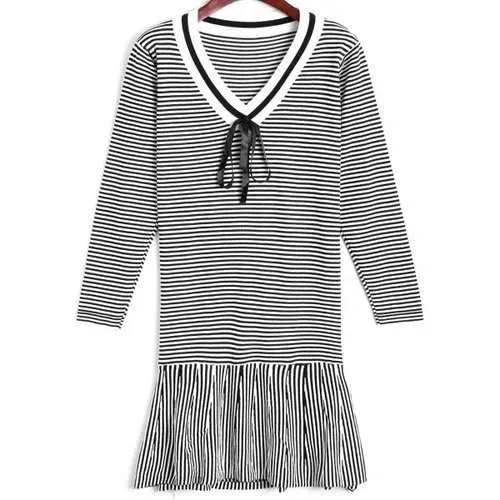 Flounce Striped Sweater Dress - White One Size
