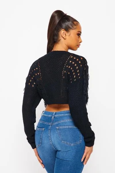 Fringe Cropped Sweater - Black -