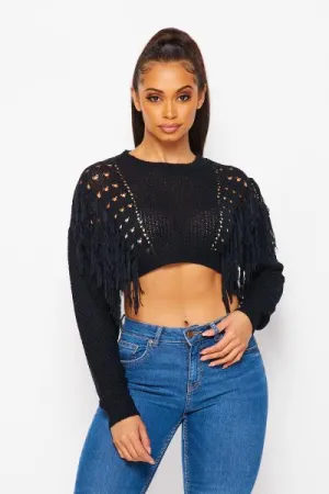 Fringe Cropped Sweater - Black -