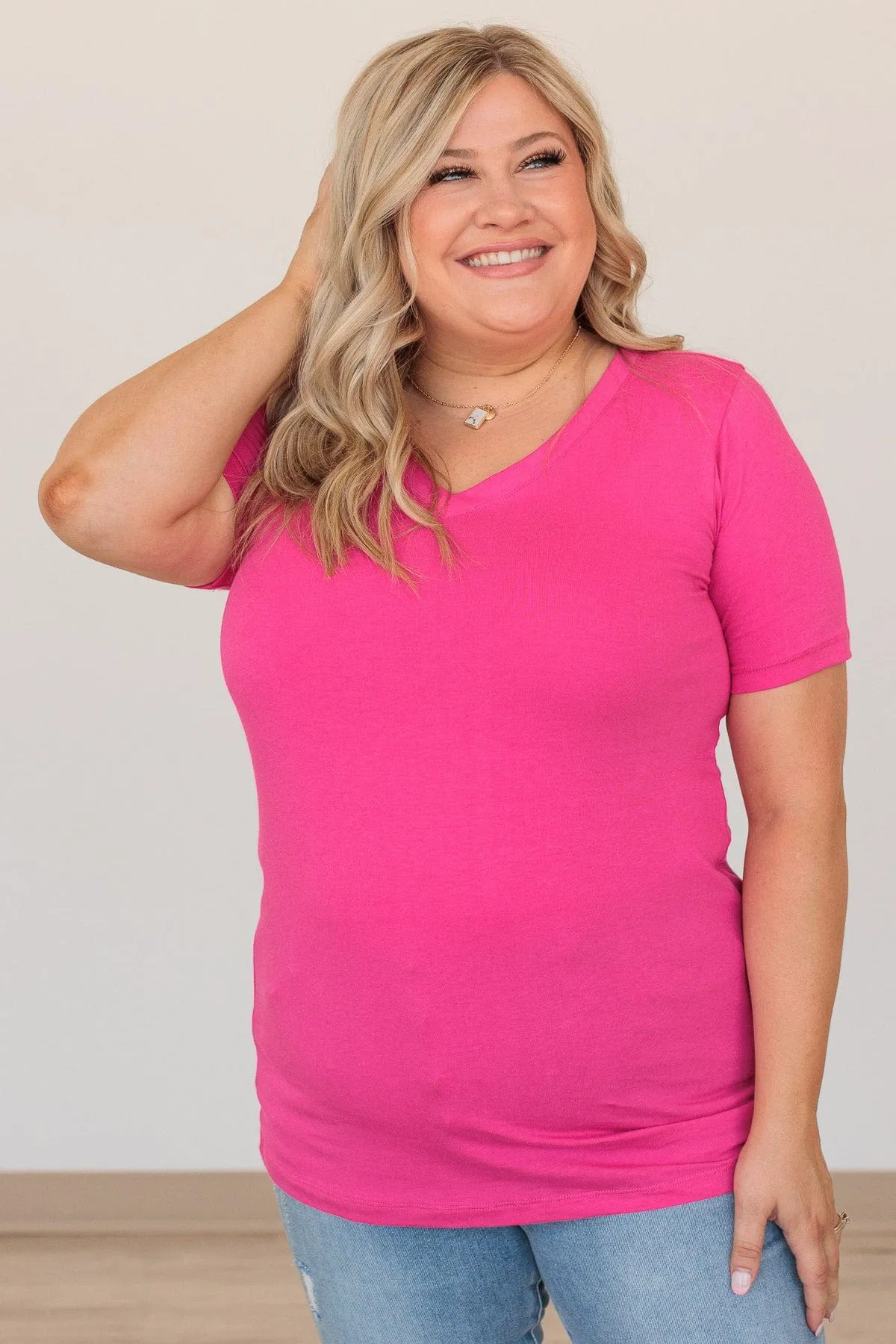 From The Moment We Met V-Neck Tee- Hot Pink