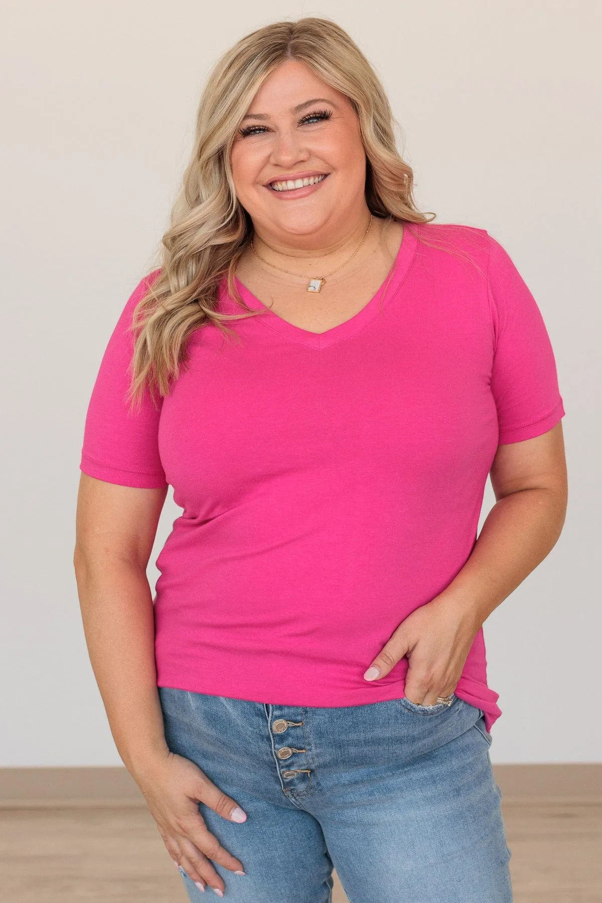 From The Moment We Met V-Neck Tee- Hot Pink
