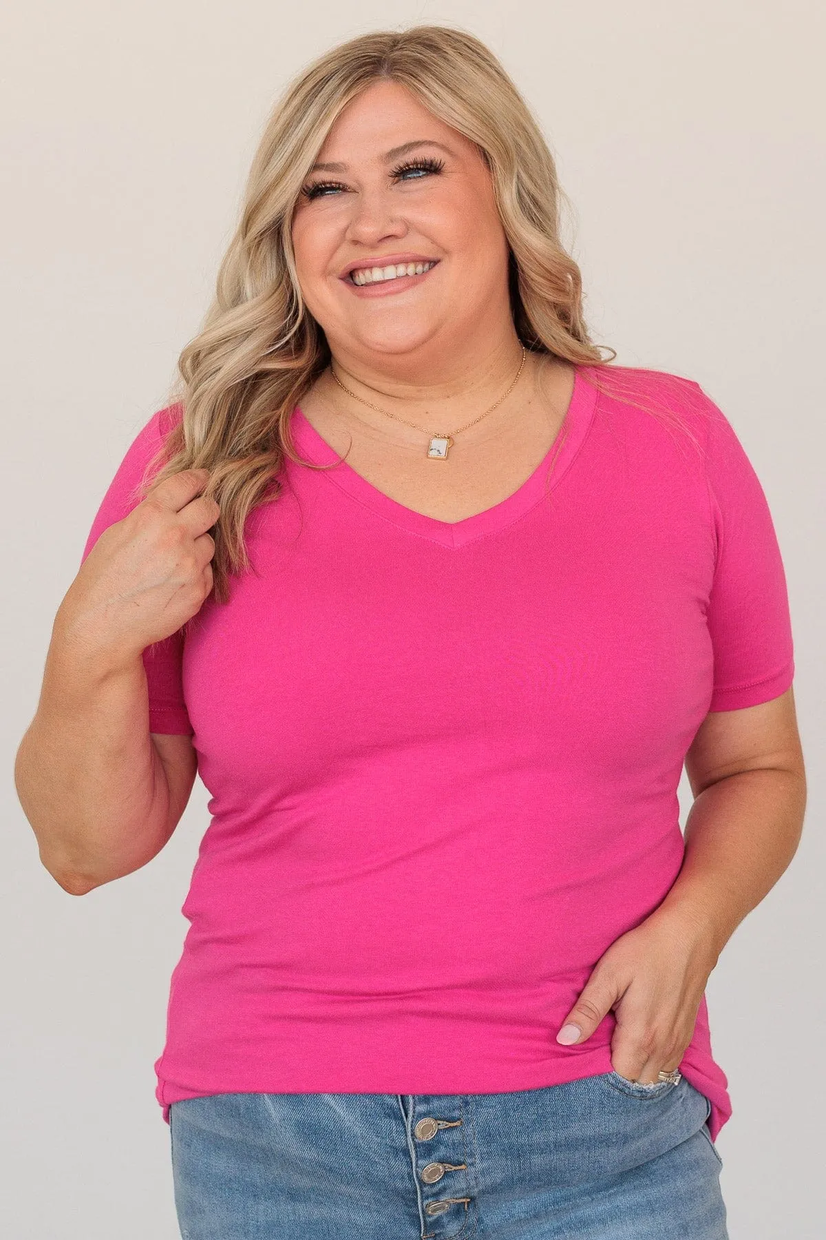 From The Moment We Met V-Neck Tee- Hot Pink