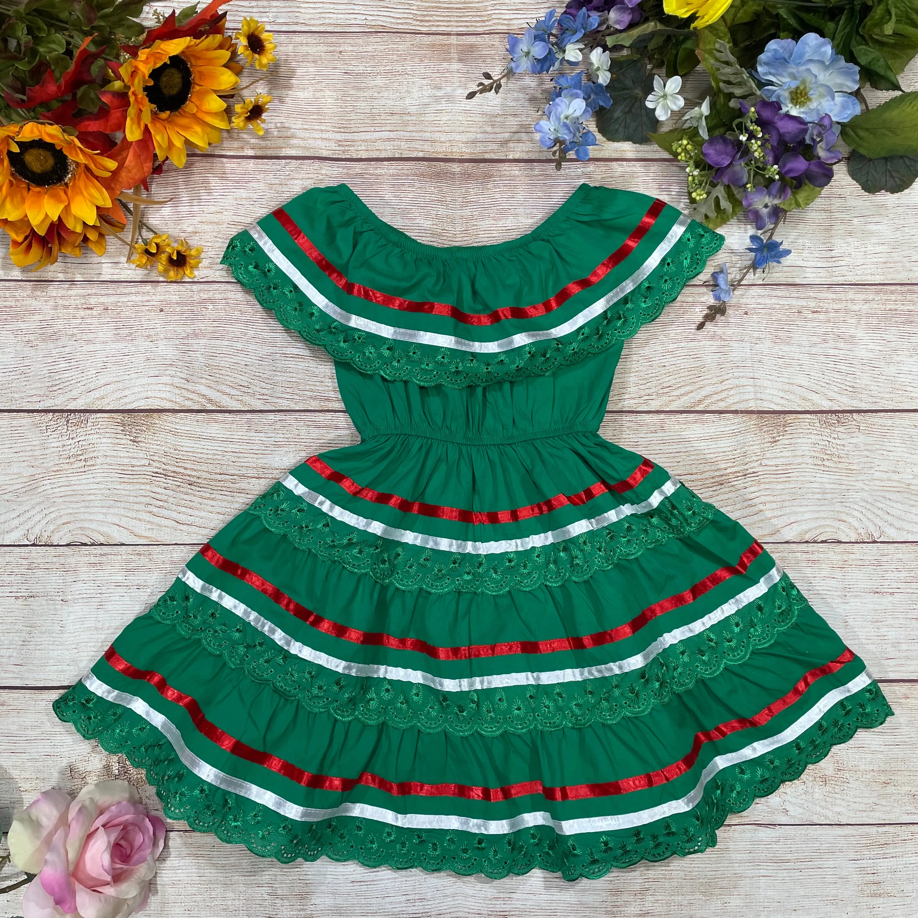 Girl's Green X Traditional Mexican Cinco De Mayo Fiesta Dress 2-14