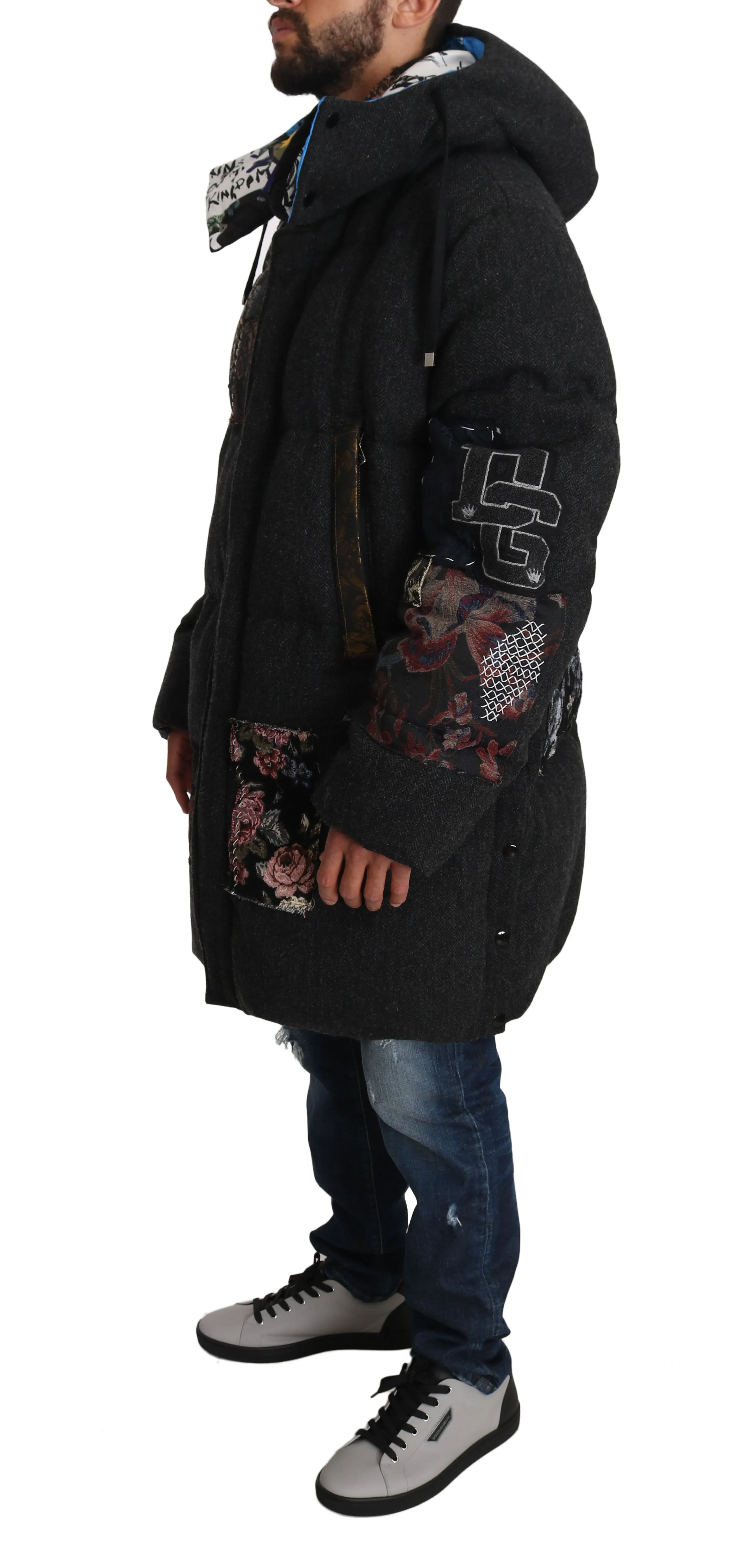 Gray Wool Floral Brocade Royal King Puffer Coat