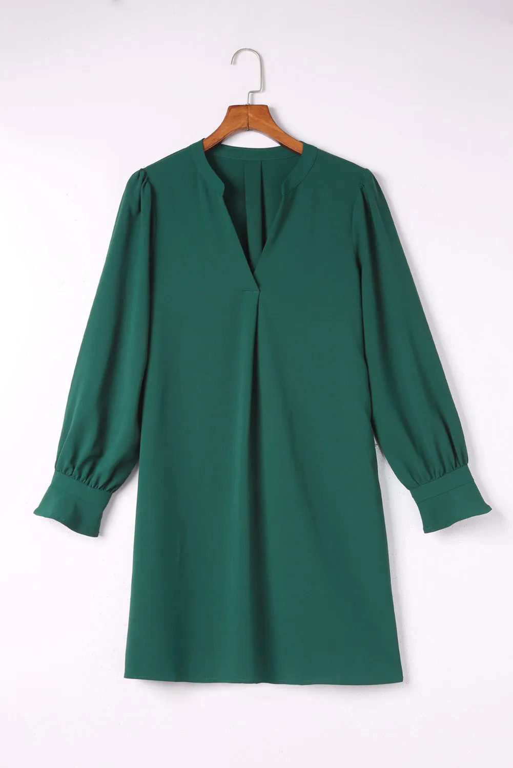 Green Split V Neck Ruffled Sleeves Shirt Dress