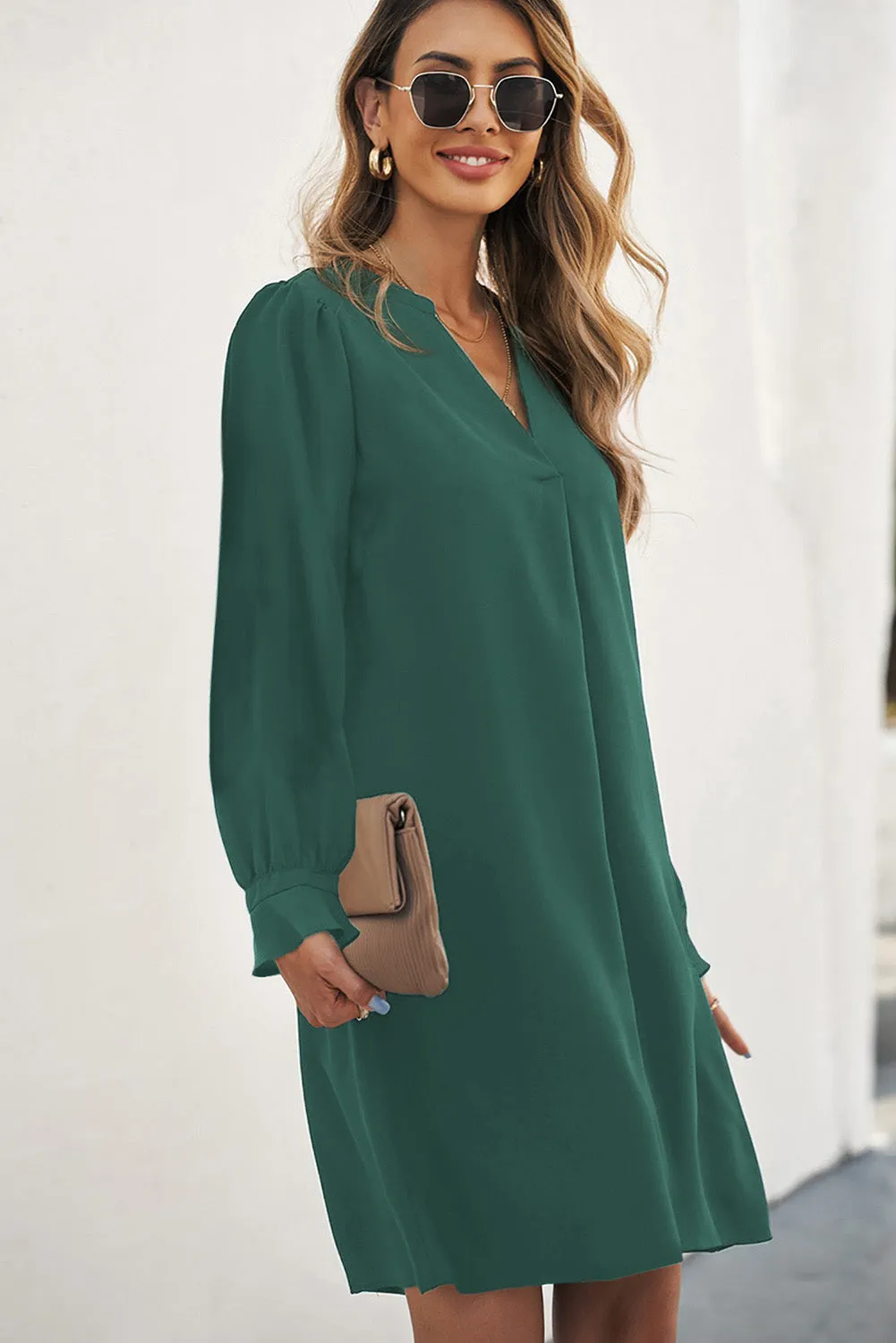 Green Split V Neck Ruffled Sleeves Shirt Dress