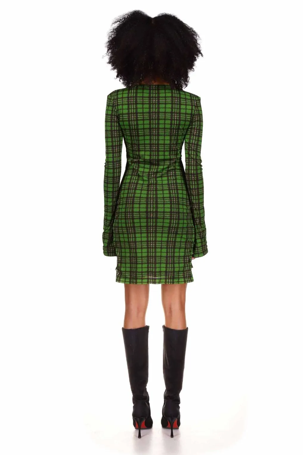 Green Tartan Mesh Long Sleeve Mini Dress