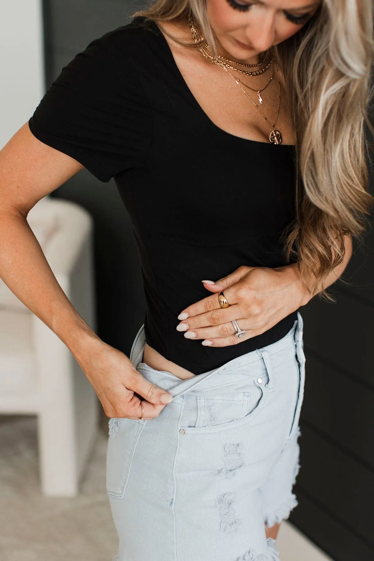 Here We Go Square Neck Bodysuit- Black