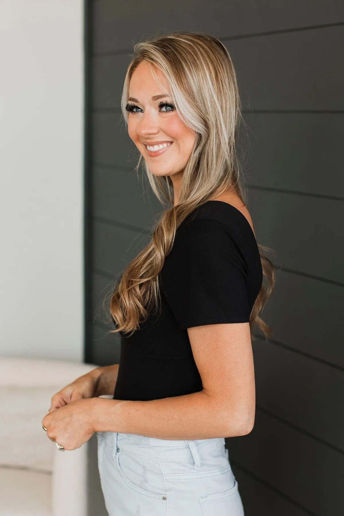 Here We Go Square Neck Bodysuit- Black