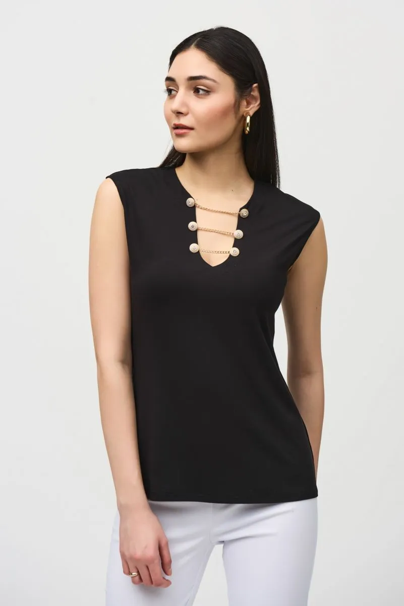 Joseph Ribkoff Chain Detail V-Neck Cap Sleeve Fitted Top 242181