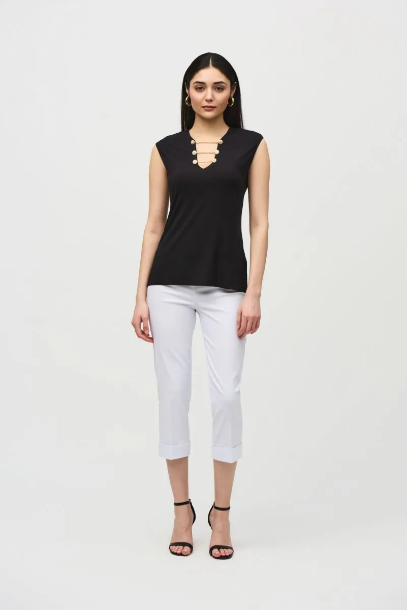 Joseph Ribkoff Chain Detail V-Neck Cap Sleeve Fitted Top 242181