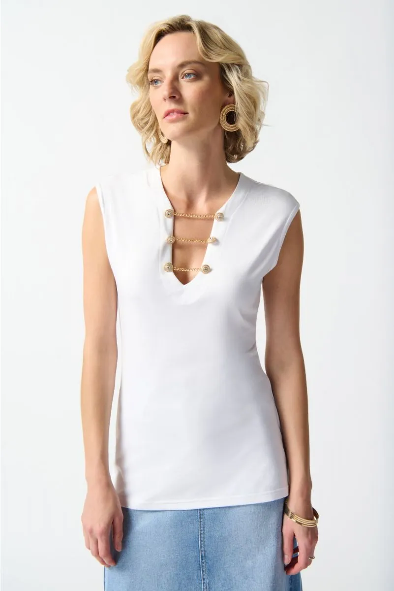 Joseph Ribkoff Chain Detail V-Neck Cap Sleeve Fitted Top 242181