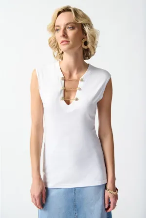 Joseph Ribkoff Chain Detail V-Neck Cap Sleeve Fitted Top 242181
