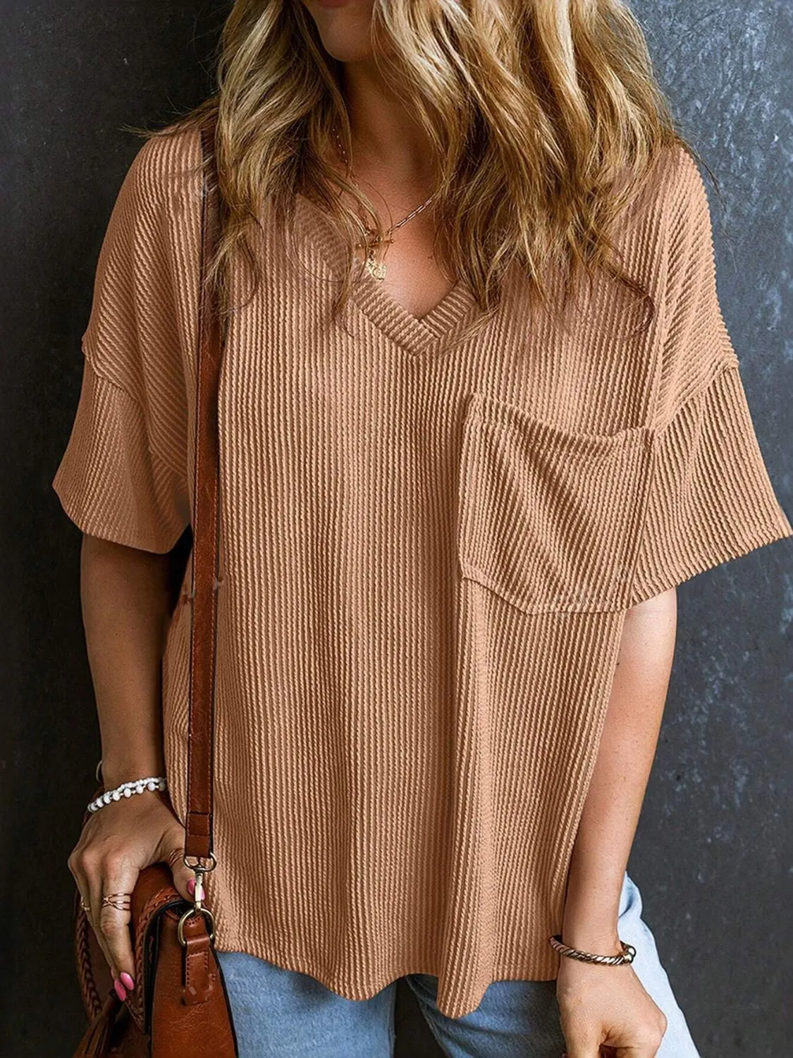 Katie Textured V-Neck Half Sleeve T-Shirt