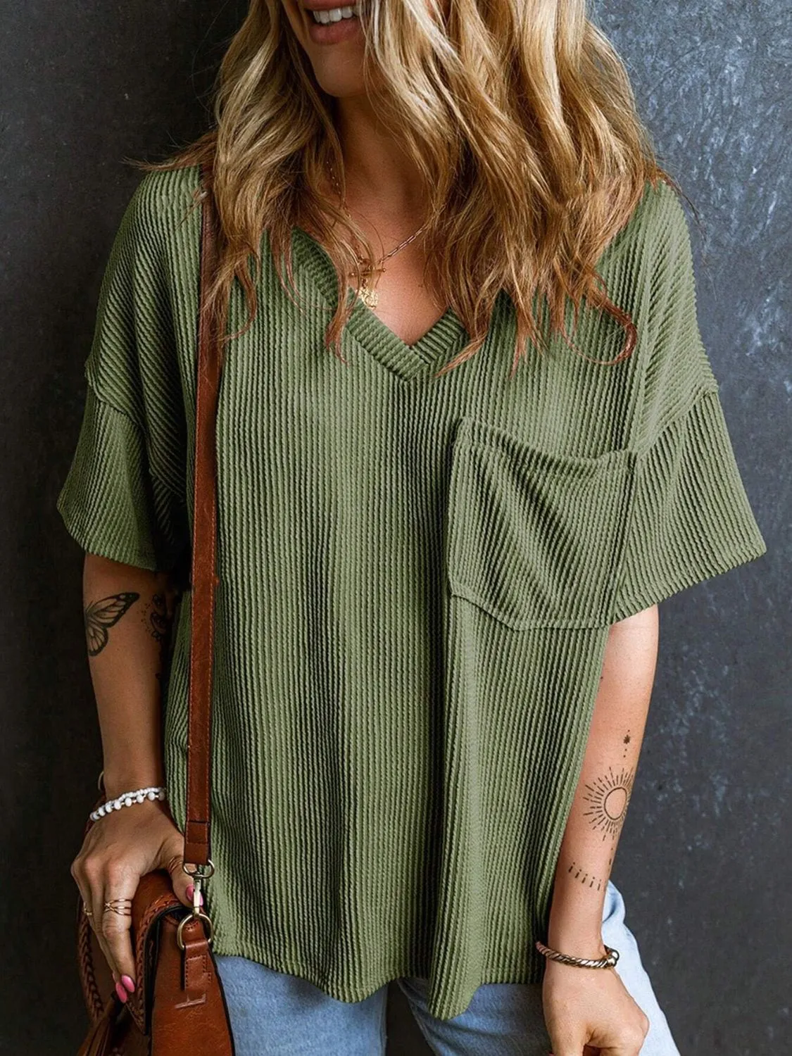 Katie Textured V-Neck Half Sleeve T-Shirt