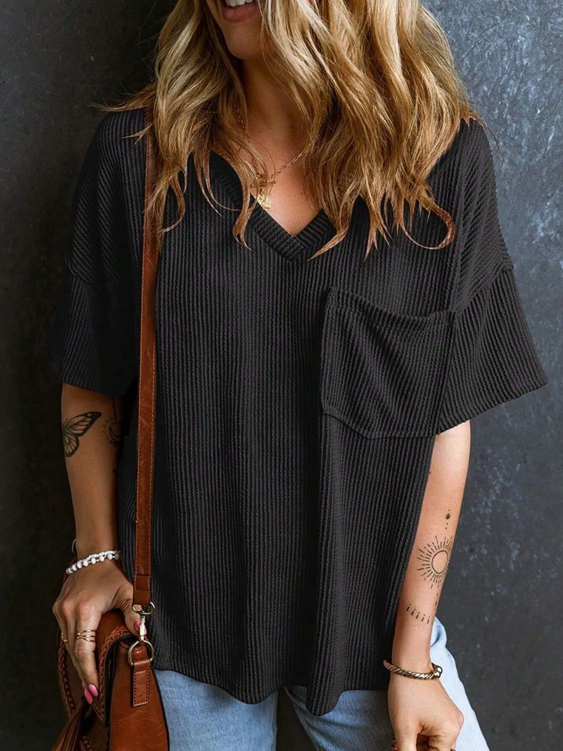 Katie Textured V-Neck Half Sleeve T-Shirt