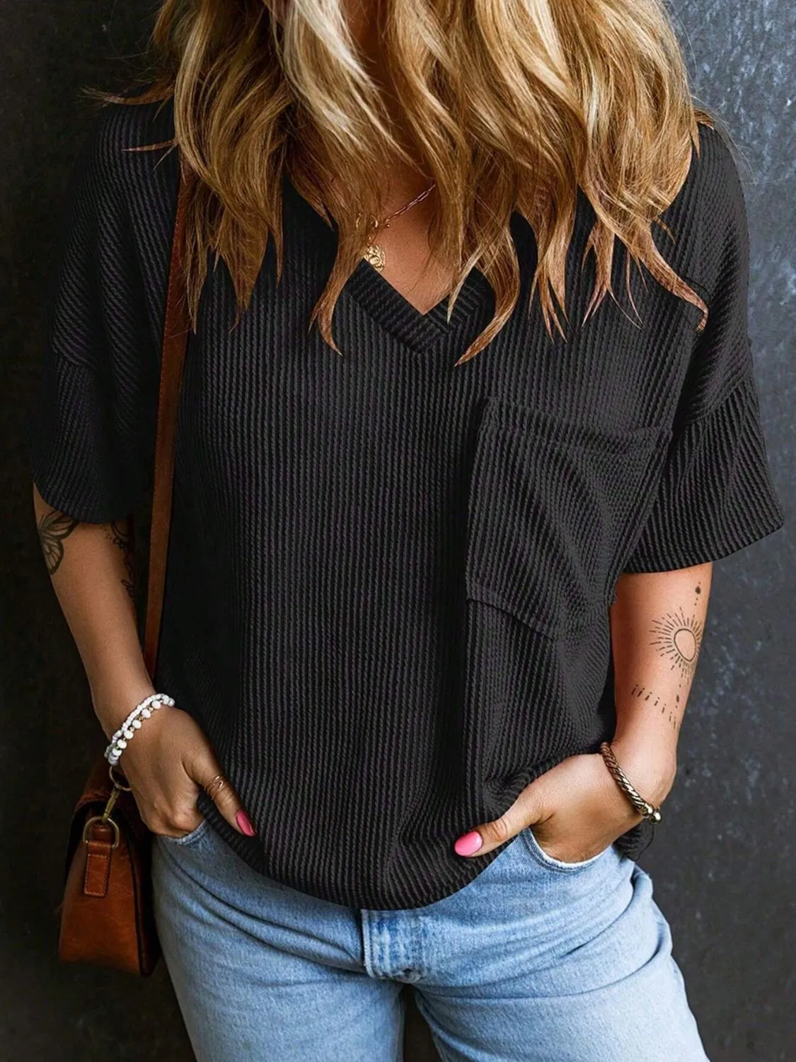 Katie Textured V-Neck Half Sleeve T-Shirt