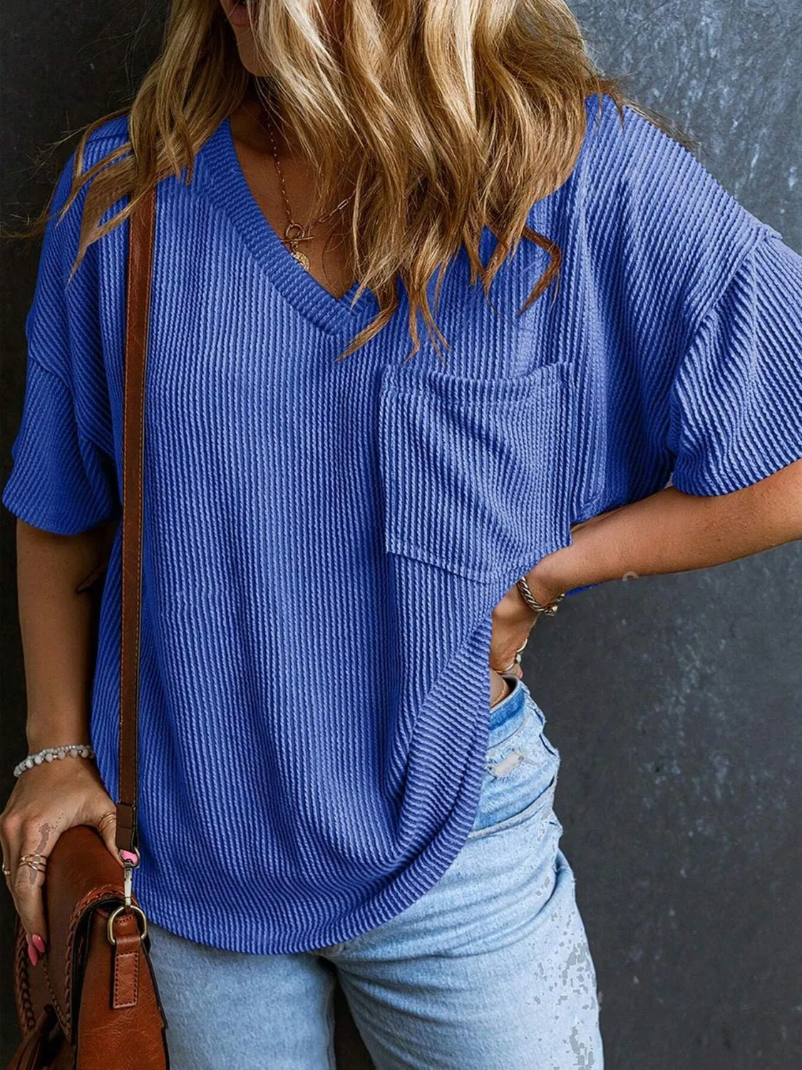 Katie Textured V-Neck Half Sleeve T-Shirt