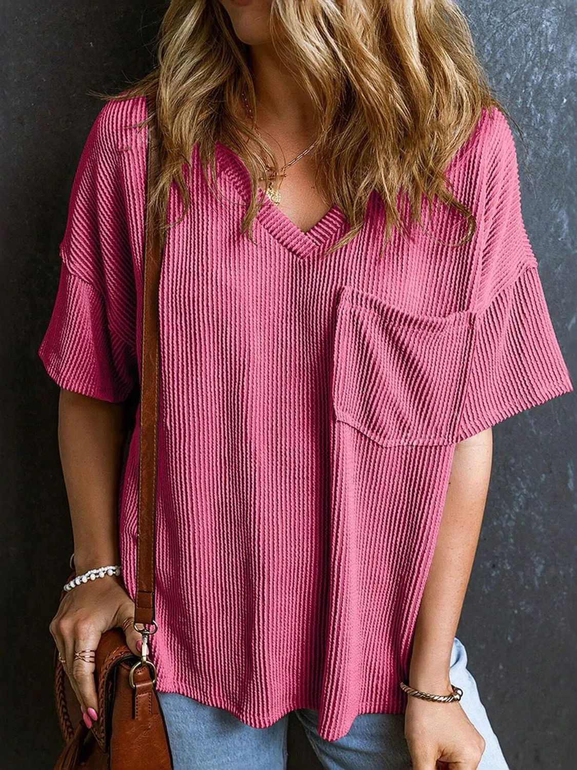 Katie Textured V-Neck Half Sleeve T-Shirt