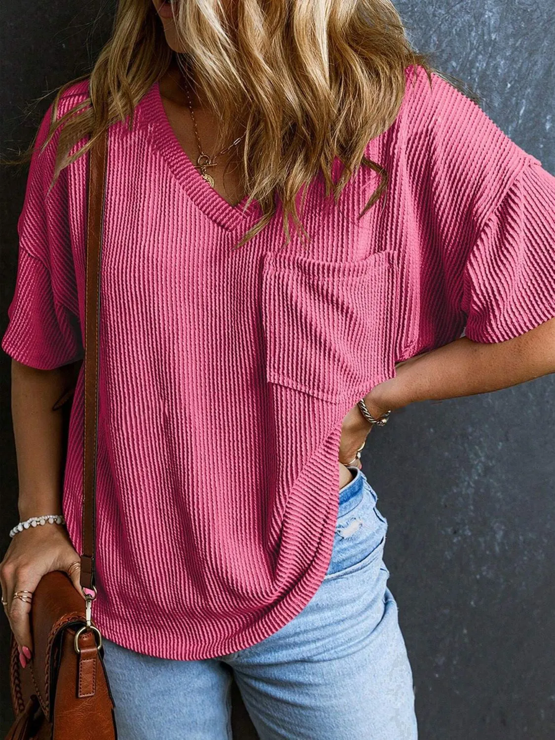 Katie Textured V-Neck Half Sleeve T-Shirt