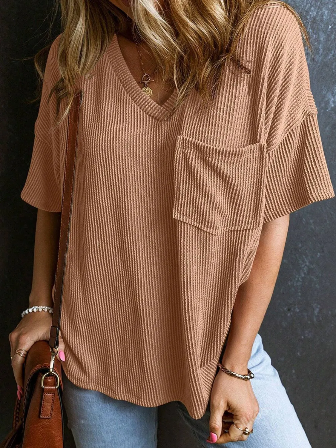 Katie Textured V-Neck Half Sleeve T-Shirt