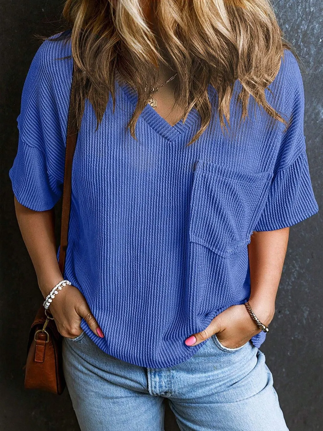Katie Textured V-Neck Half Sleeve T-Shirt