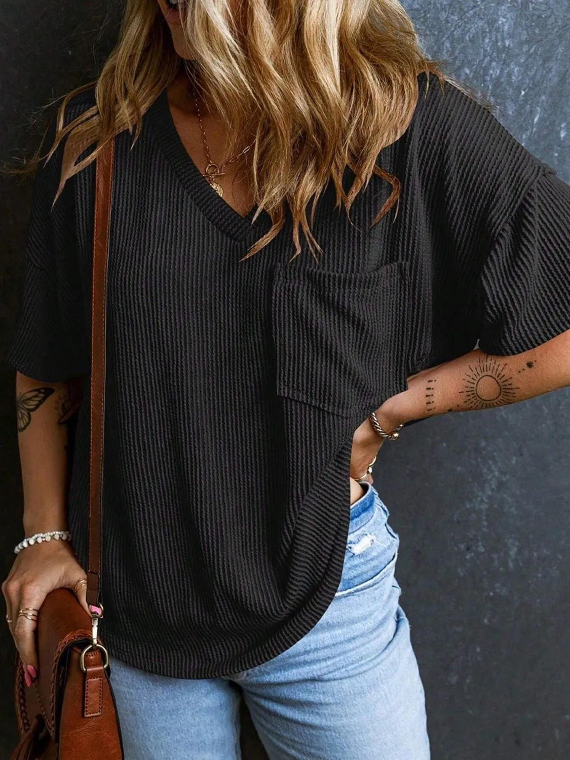 Katie Textured V-Neck Half Sleeve T-Shirt