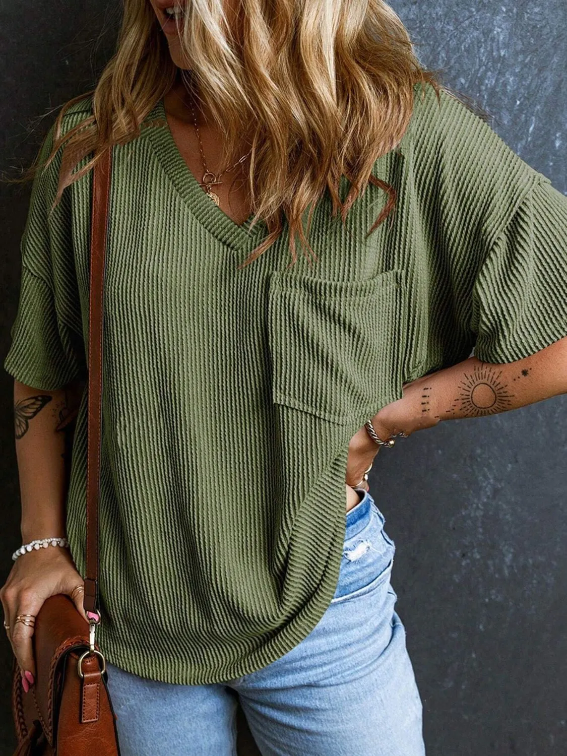 Katie Textured V-Neck Half Sleeve T-Shirt