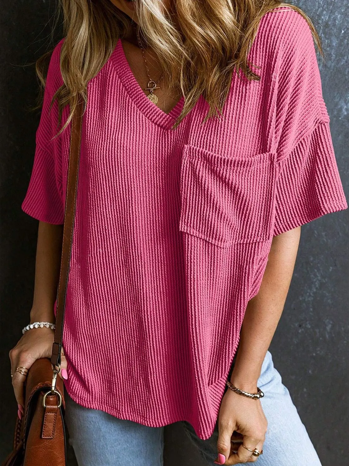 Katie Textured V-Neck Half Sleeve T-Shirt