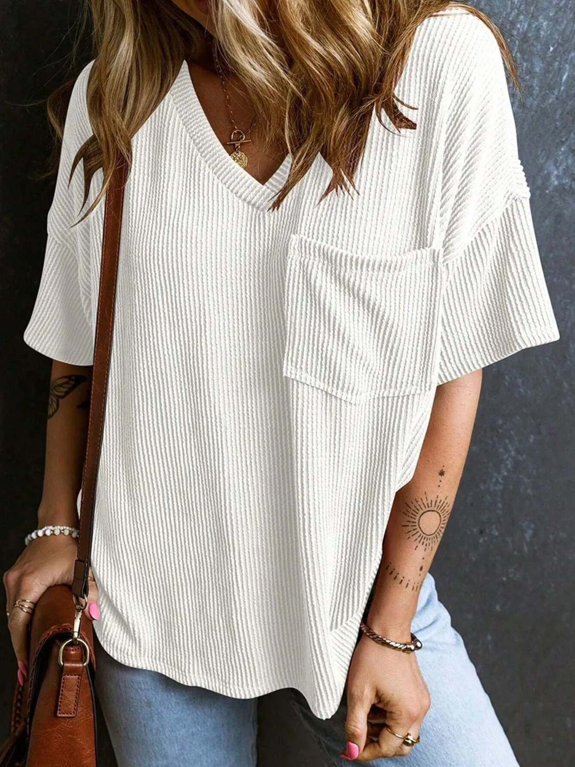 Katie Textured V-Neck Half Sleeve T-Shirt
