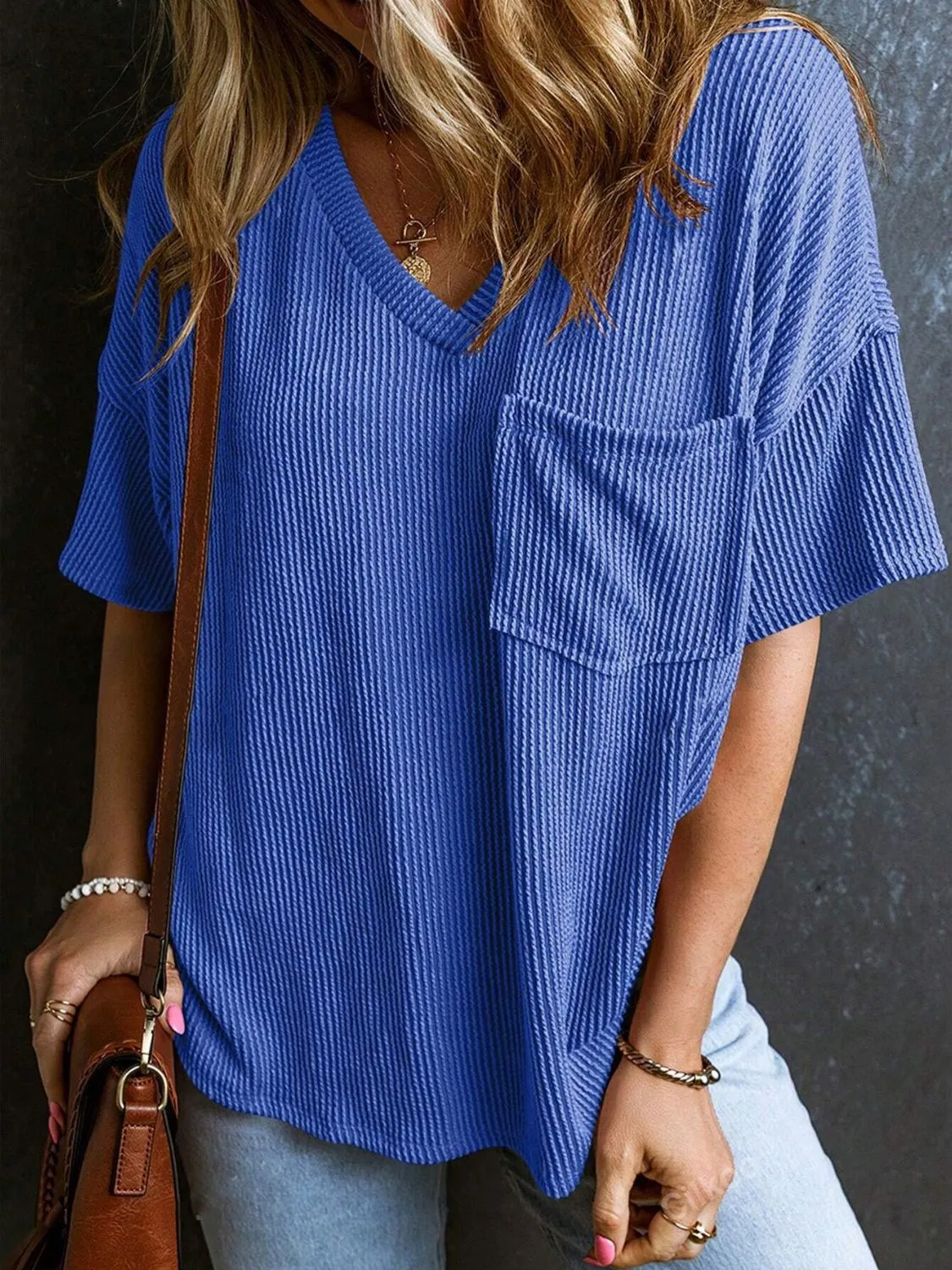 Katie Textured V-Neck Half Sleeve T-Shirt