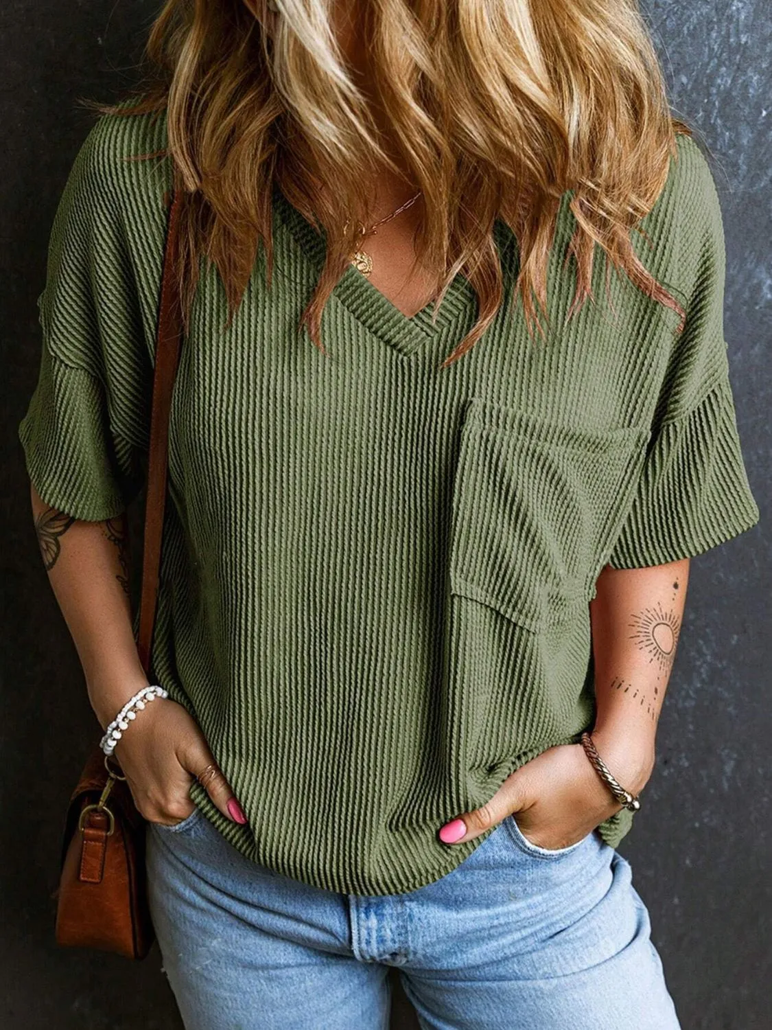 Katie Textured V-Neck Half Sleeve T-Shirt
