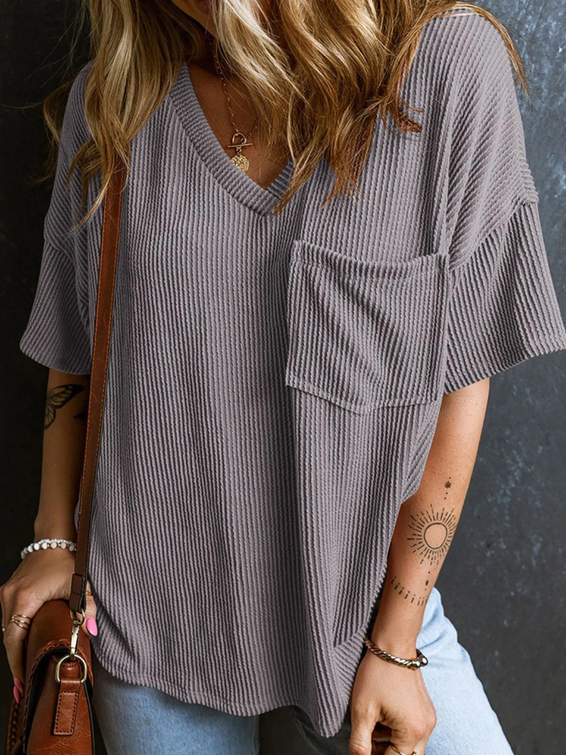 Katie Textured V-Neck Half Sleeve T-Shirt