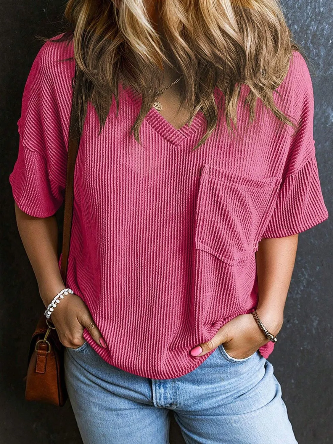 Katie Textured V-Neck Half Sleeve T-Shirt