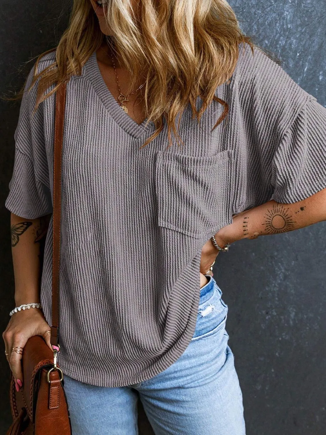 Katie Textured V-Neck Half Sleeve T-Shirt