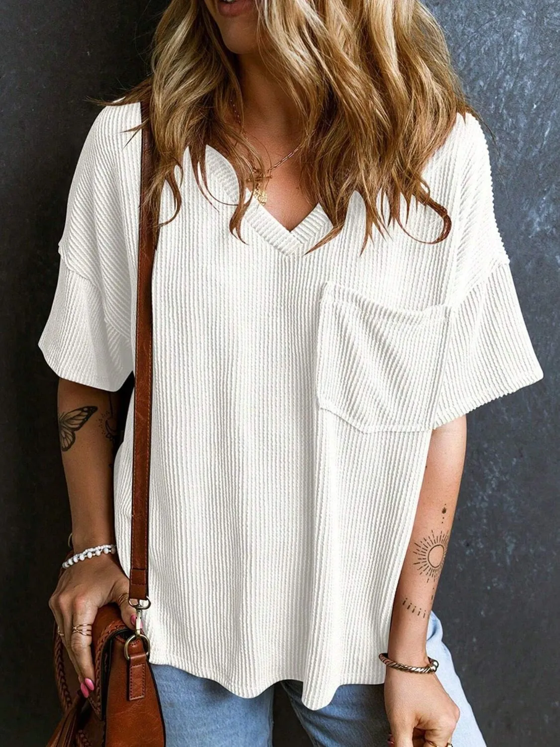 Katie Textured V-Neck Half Sleeve T-Shirt