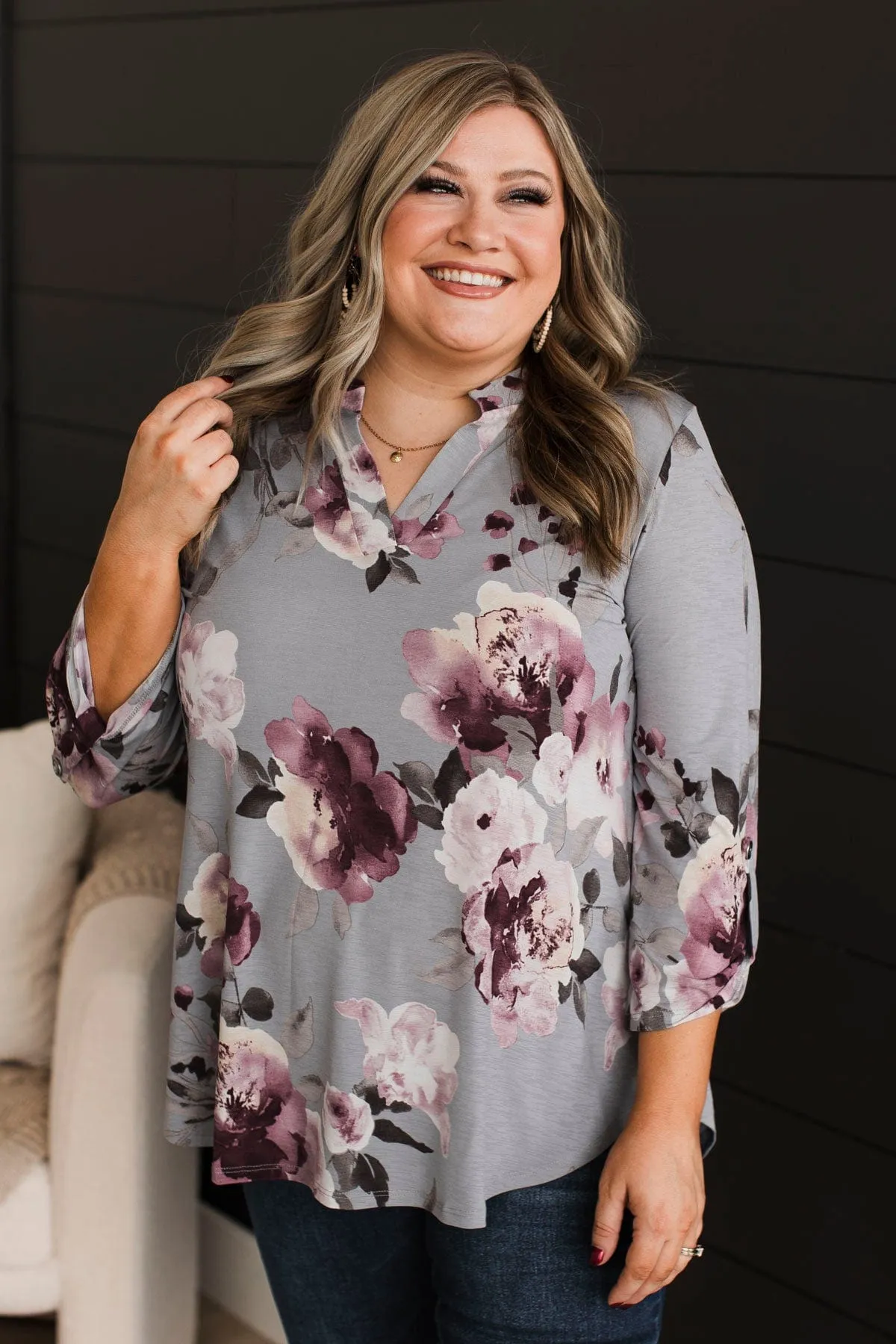 Key To Success Floral V-Neck Top- Grey