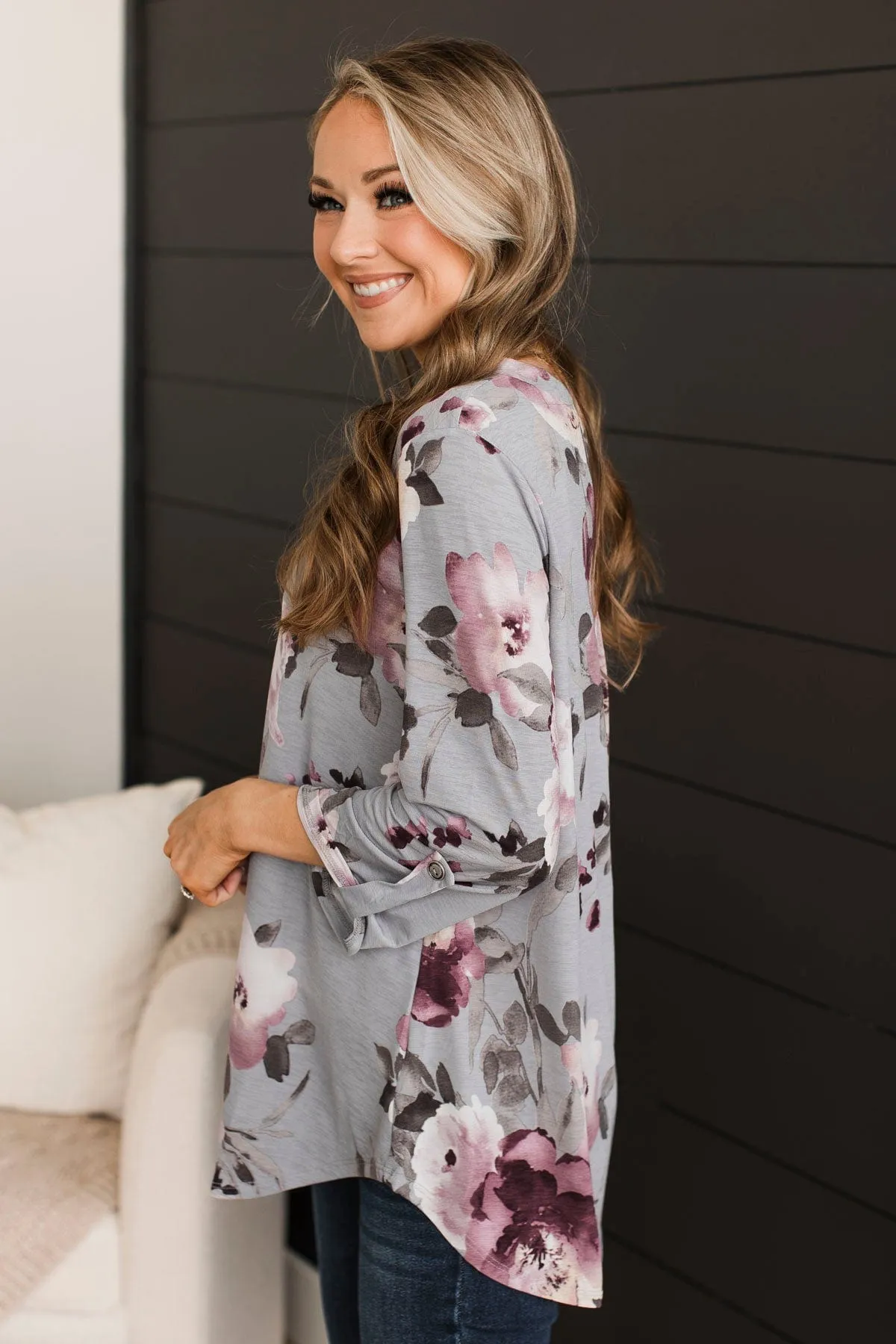 Key To Success Floral V-Neck Top- Grey