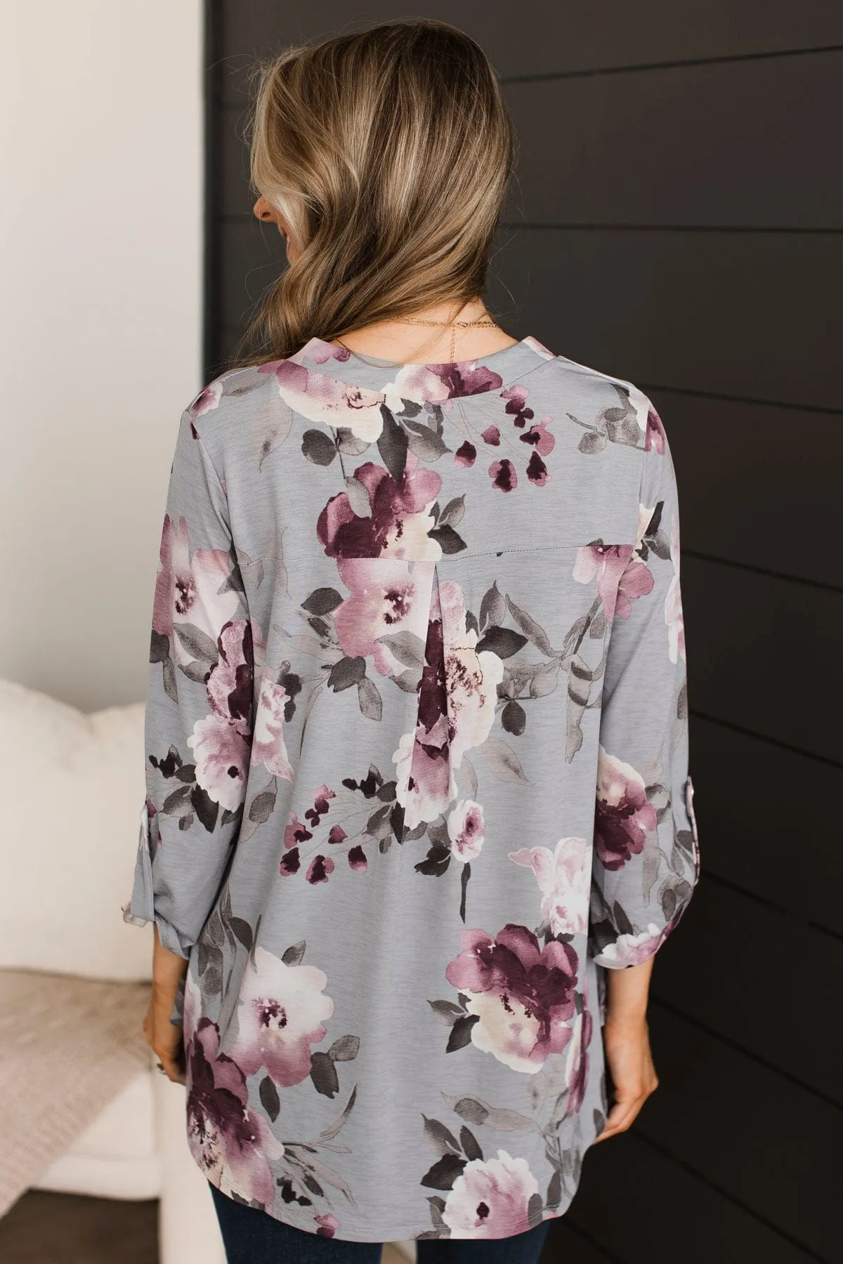 Key To Success Floral V-Neck Top- Grey