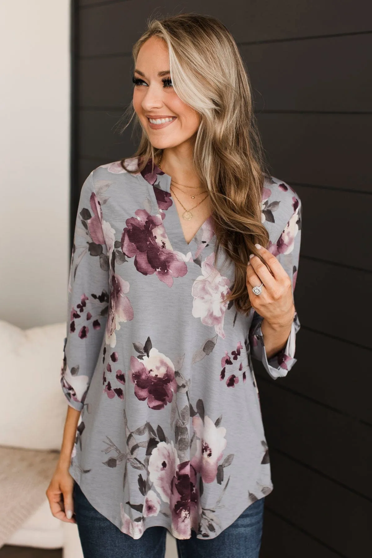 Key To Success Floral V-Neck Top- Grey