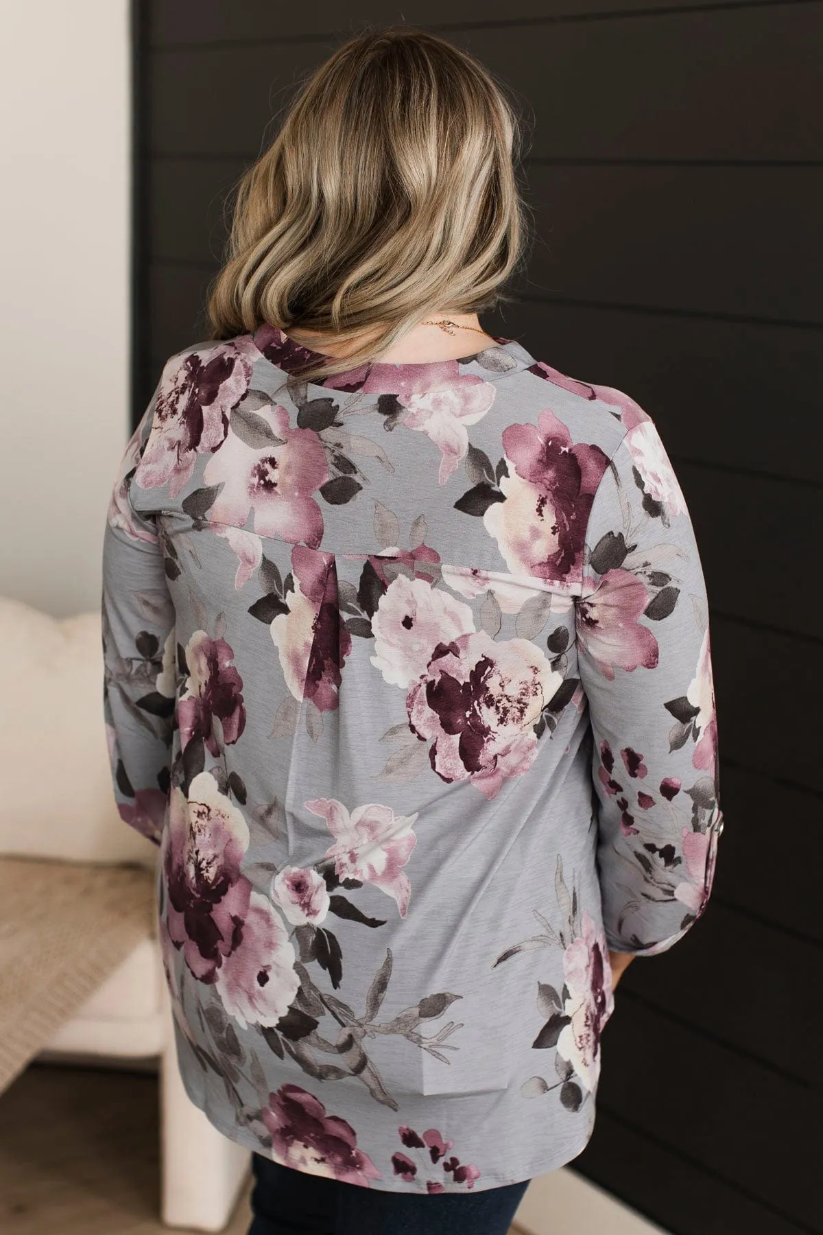 Key To Success Floral V-Neck Top- Grey