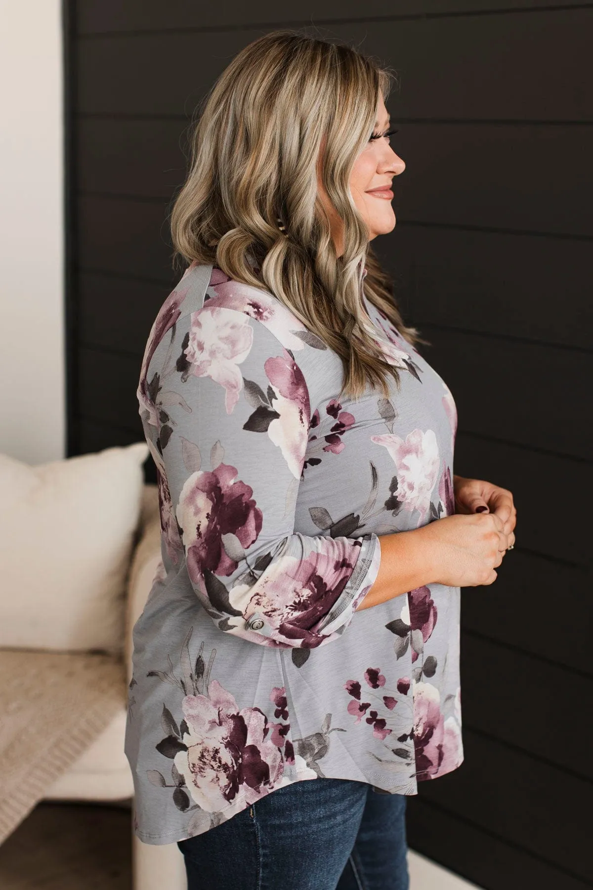 Key To Success Floral V-Neck Top- Grey