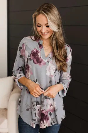 Key To Success Floral V-Neck Top- Grey